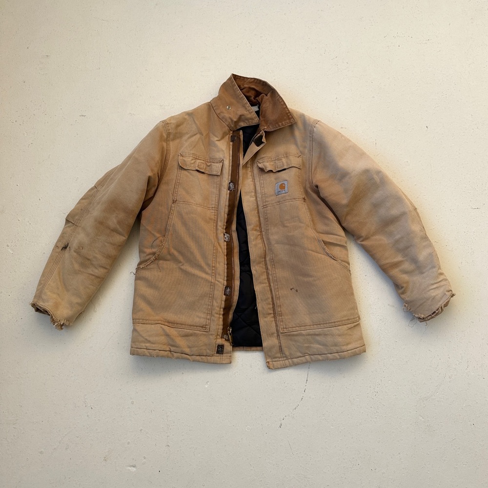 Vintage Carhart jacket, heavily, distressed, likely late 90s early 2000s.
